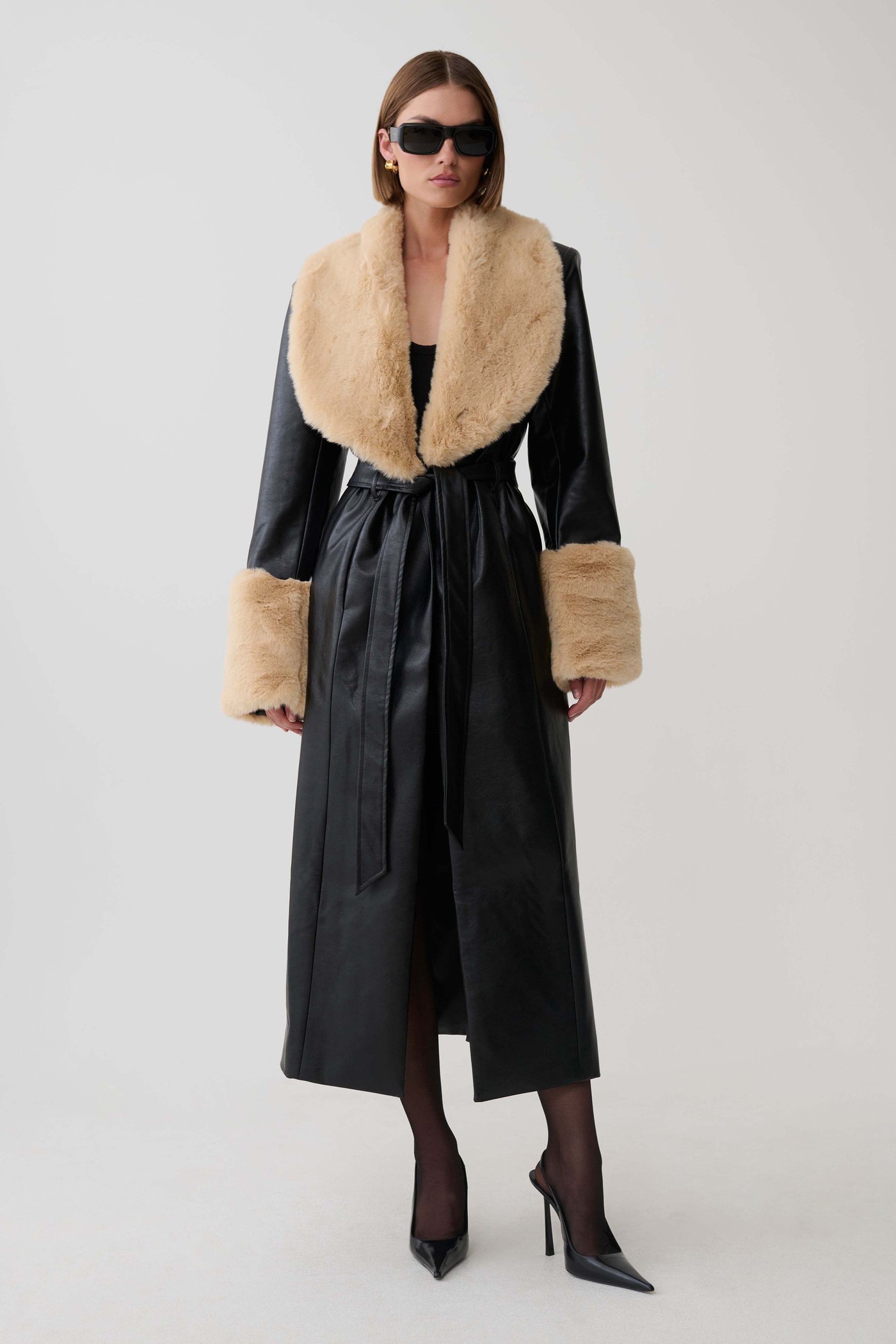 Bec Faux Leather Trench Coat With Faux Fur - Black/Beige view 3
