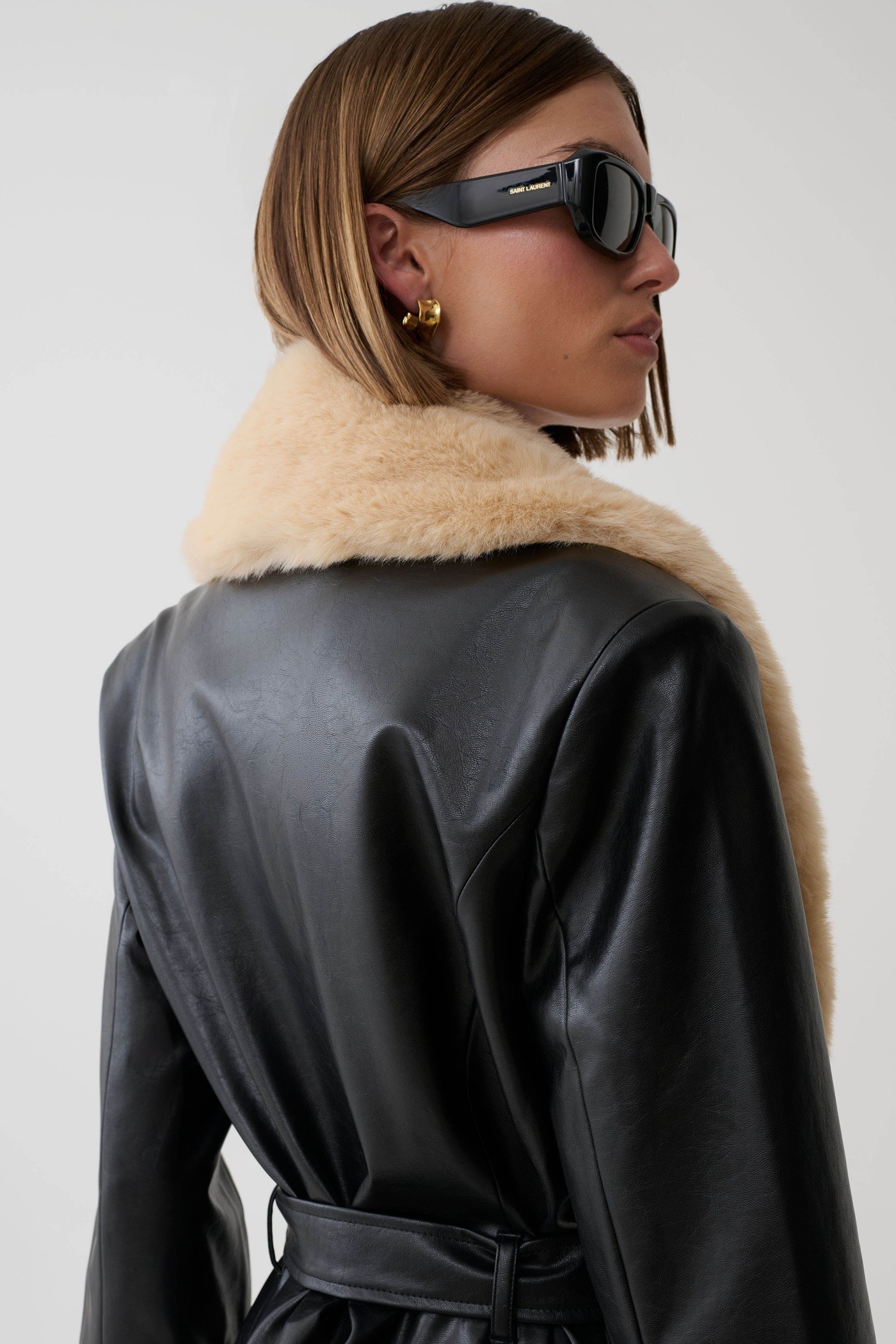 Bec Faux Leather Trench Coat With Faux Fur - Black/Beige view 4