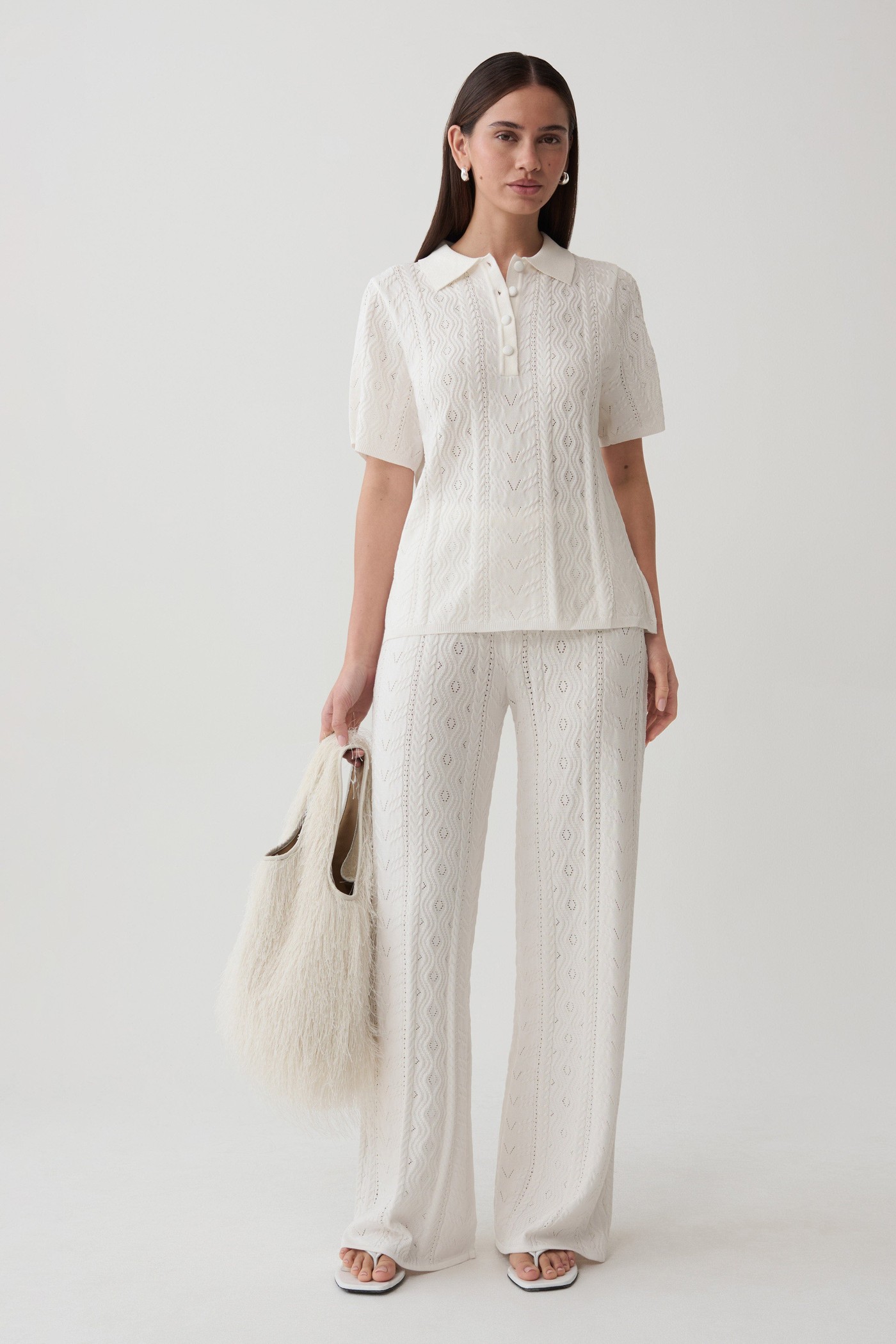 Jill Pointelle Knit Pants - White